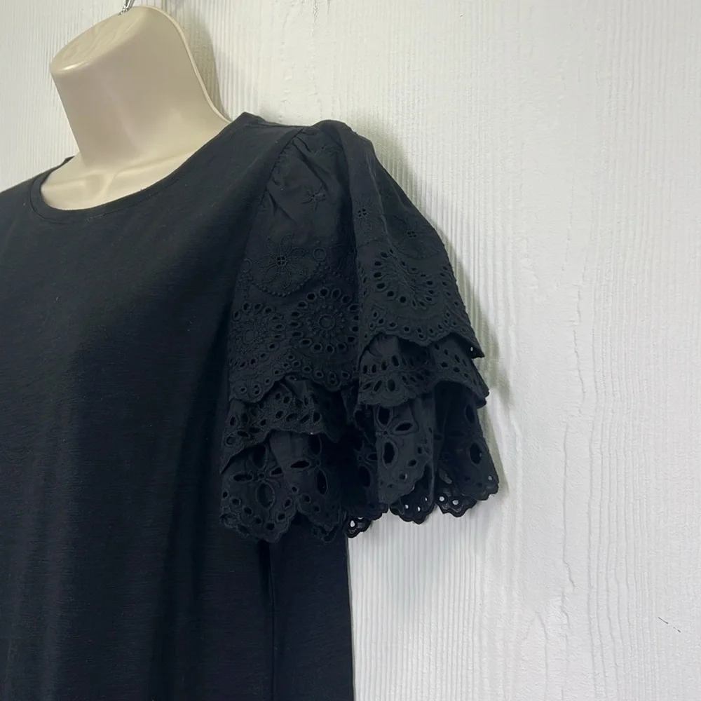 Chicos - Black Crewneck Crochet Tiered Short Sleeves Shirt Midi Dress Size Med